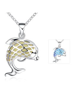 Collier Dauphin à la Pierre Bleu Foncé Ronde Fluorescent - Plaqué Argent