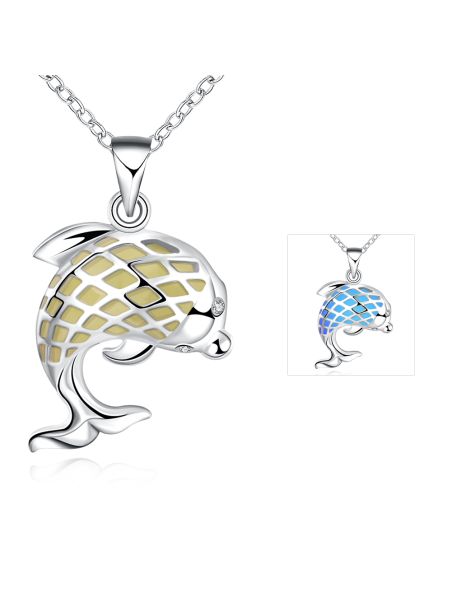 Collier Dauphin à la Pierre Bleu Foncé Ronde Fluorescent - Plaqué Argent