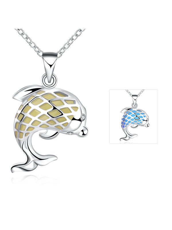 Collier Dauphin à la Pierre Bleu Foncé Ronde Fluorescent - Plaqué Argent