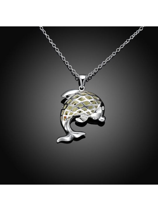 Collier Dauphin à la Pierre Bleu Foncé Ronde Fluorescent - Plaqué Argent