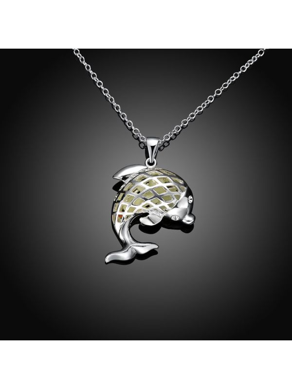 Collier Dauphin à la Pierre Bleu Foncé Ronde Fluorescent - Plaqué Argent