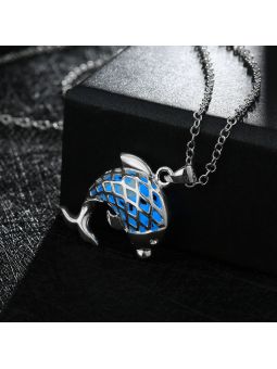 Collier Dauphin à la Pierre Bleu Foncé Ronde Fluorescent - Plaqué Argent