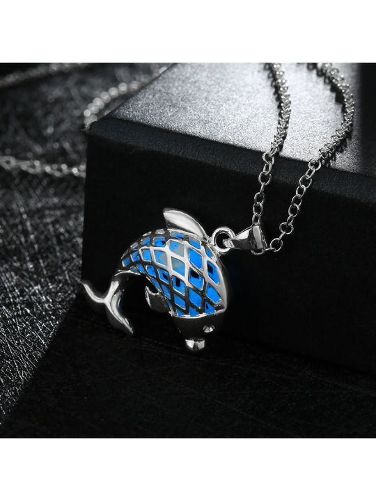 Collier Dauphin à la Pierre Bleu Foncé Ronde Fluorescent - Plaqué Argent