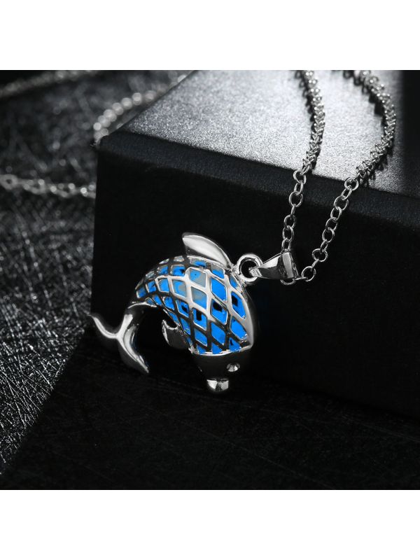Collier Dauphin à la Pierre Bleu Foncé Ronde Fluorescent - Plaqué Argent