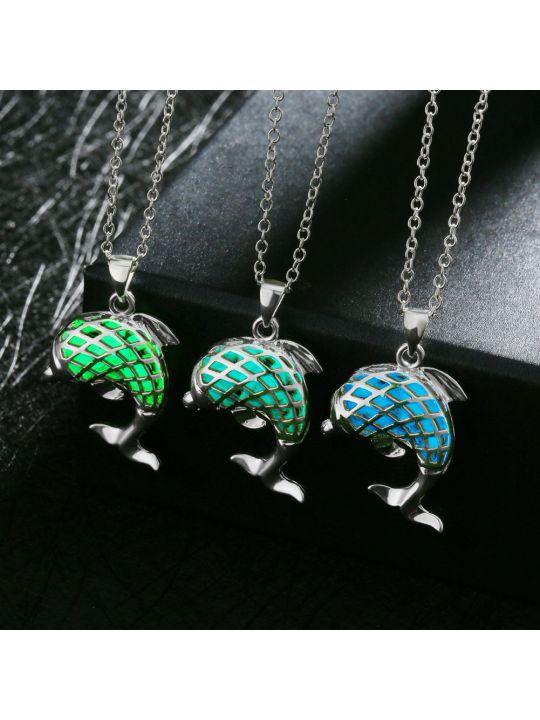 Collier Dauphin à la Pierre Bleu Foncé Ronde Fluorescent - Plaqué Argent