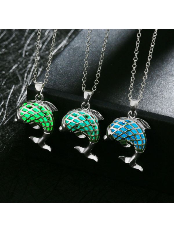 Collier Dauphin à la Pierre Bleu Foncé Ronde Fluorescent - Plaqué Argent