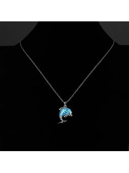 Collier Dauphin à la Pierre Bleu Foncé Ronde Fluorescent - Plaqué Argent