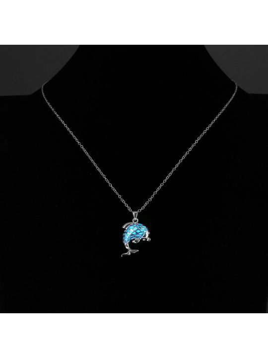 Collier Dauphin à la Pierre Bleu Foncé Ronde Fluorescent - Plaqué Argent