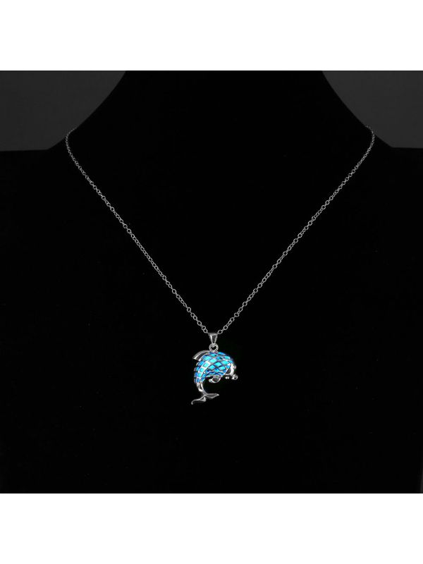 Collier Dauphin à la Pierre Bleu Foncé Ronde Fluorescent - Plaqué Argent