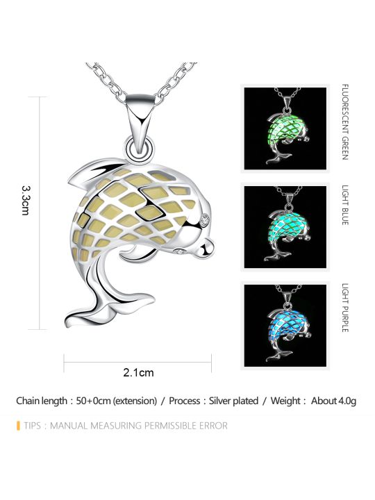 Collier Dauphin à la Pierre Bleu Foncé Ronde Fluorescent - Plaqué Argent