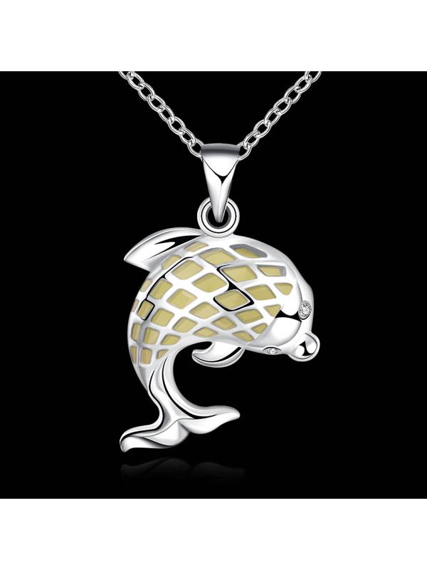 Collier Dauphin à la Pierre Bleu Foncé Ronde Fluorescent - Plaqué Argent