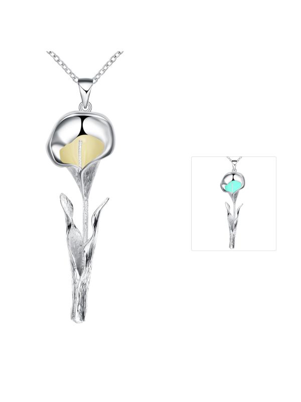 Collier Fleur à la Pierre Bleu Clair Ronde Fluorescent- Plaqué Argent
