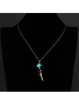 Collier Fleur à la Pierre Bleu Clair Ronde Fluorescent- Plaqué Argent