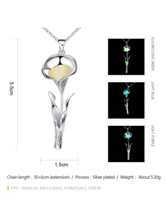Collier Fleur à la Pierre Bleu Clair Ronde Fluorescent- Plaqué Argent