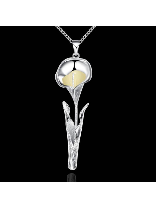 Collier Fleur à la Pierre Bleu Clair Ronde Fluorescent- Plaqué Argent