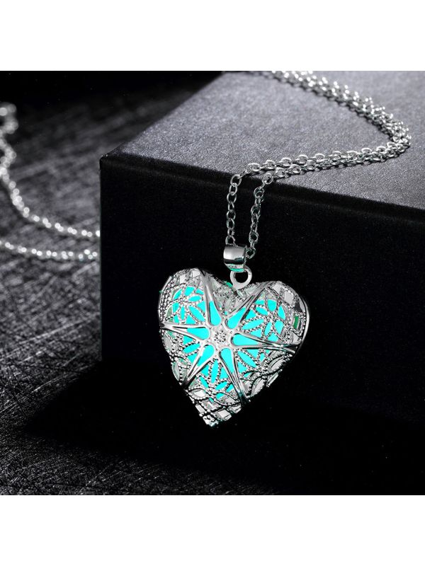 Collier Coeur à la Pierre Bleu Clair Fluorescent - Plaqué Argent