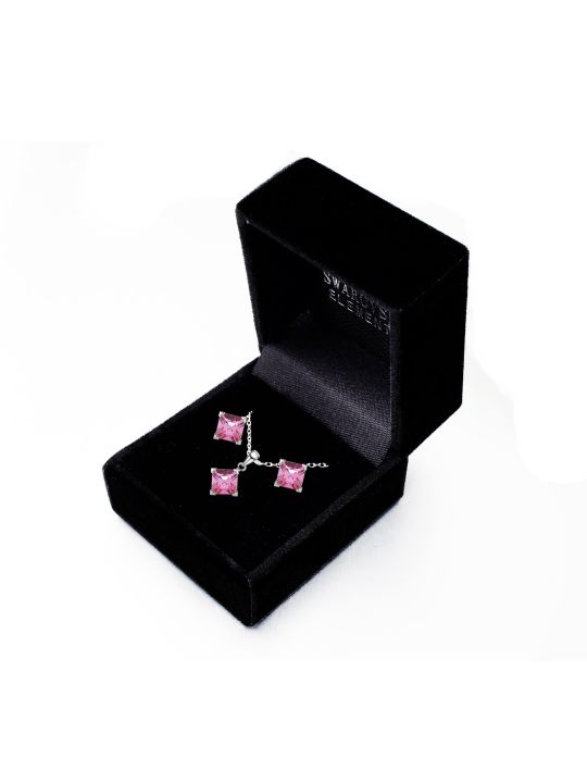 Coffret Parure en Plaqué Platine avec Cristaux Autrichiens Roses en Losange - Élégance Raffinée
