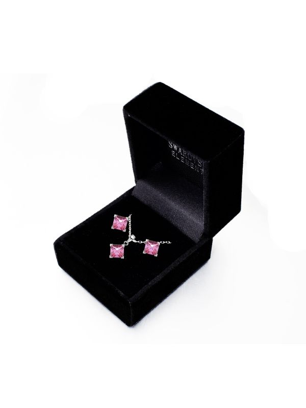 Coffret Parure en Plaqué Platine avec Cristaux Autrichiens Roses en Losange - Élégance Raffinée