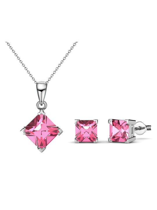 Coffret Parure en Plaqué Platine avec Cristaux Autrichiens Roses en Losange - Élégance Raffinée