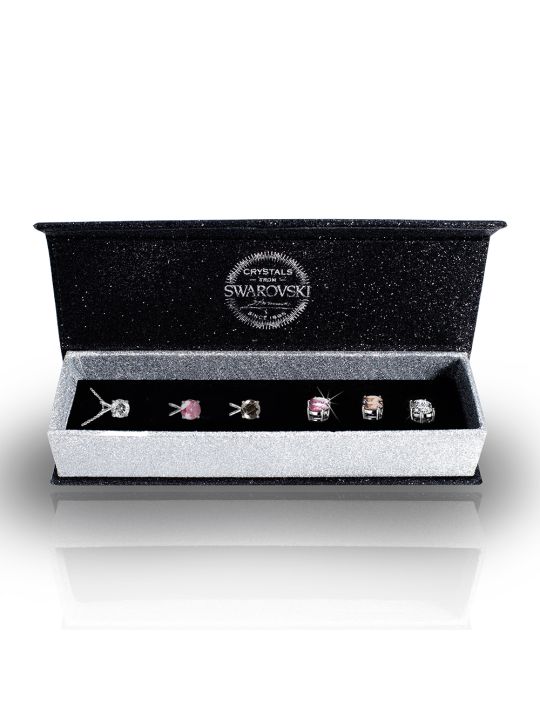 Coffret Élégance de 3 Parures en Plaqué Platine avec Cristaux Autrichiens Transparent, Rose et Fumé
