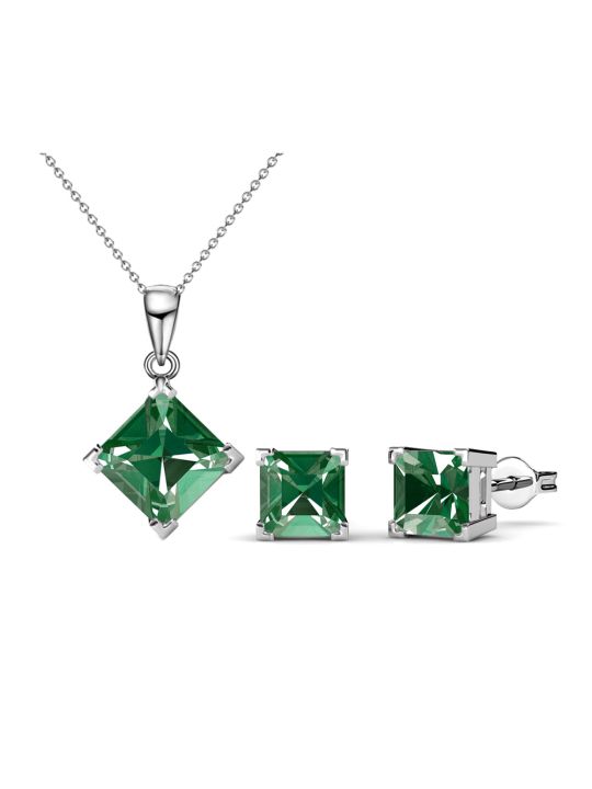 Coffret Parure en Plaqué Platine avec Cristaux Autrichiens Verts en Losange - Luxe Verdoyant et Éclatant