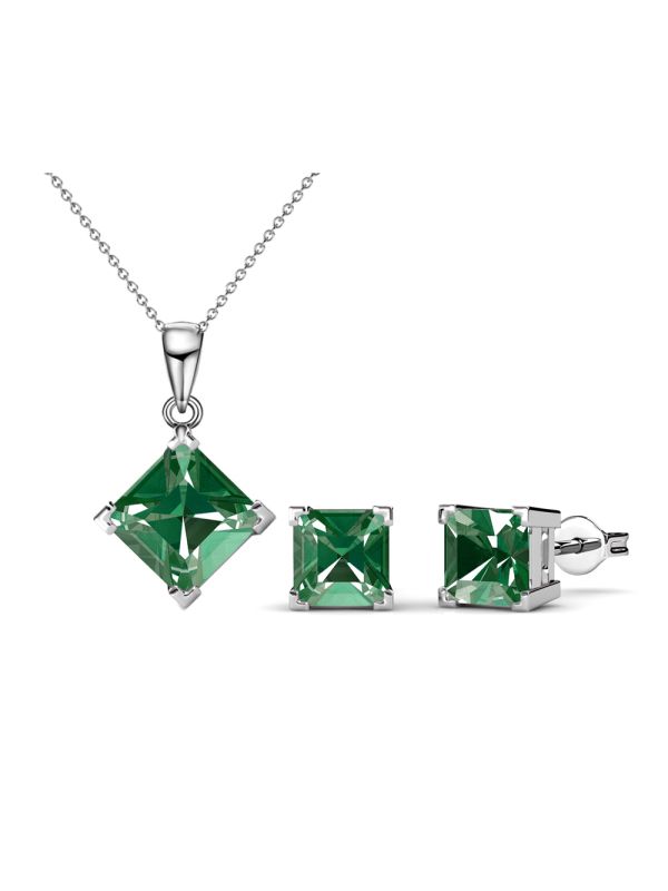Coffret Parure en Plaqué Platine avec Cristaux Autrichiens Verts en Losange - Luxe Verdoyant et Éclatant