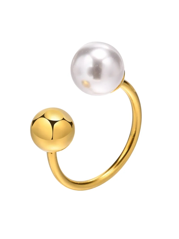Bague ouverte en acier inoxydable doré avec perle artificielle et boule minimaliste