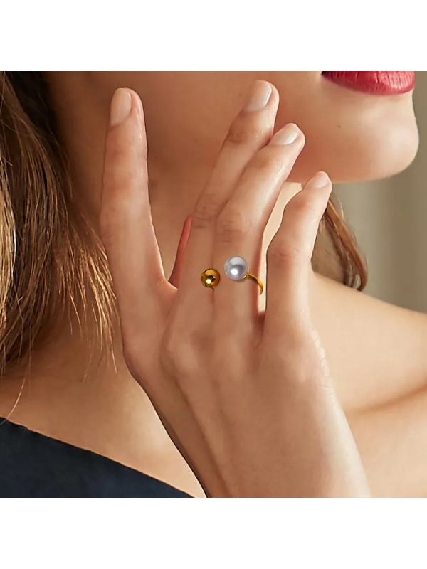 Bague ouverte en acier inoxydable doré avec perle artificielle et boule minimaliste