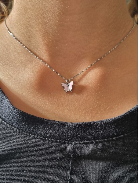 Collier enfant en acier inoxydable avec pendentif papillon rose