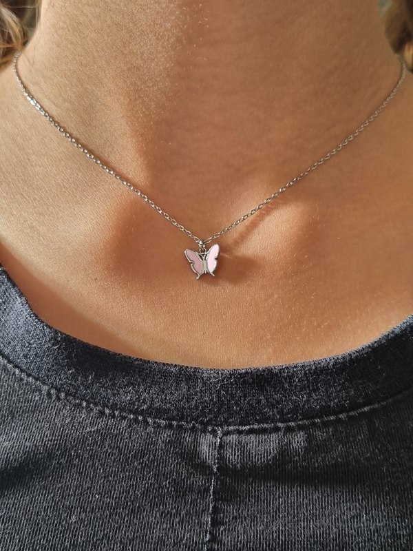 Collier enfant en acier inoxydable avec pendentif papillon rose