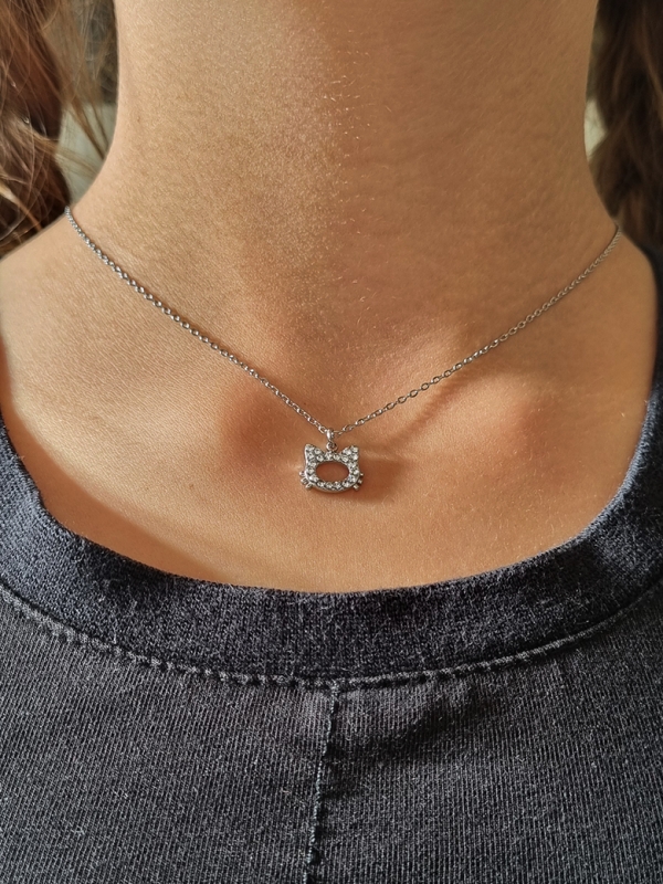 Collier enfant en acier inoxydable argenté avec pendentif tête de chat strassée