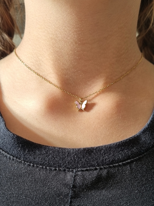 Collier enfant en acier inoxydable doré avec pendentif papillon rose