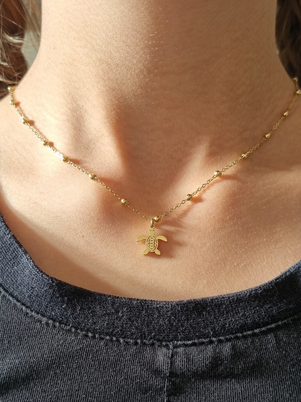 Collier enfant en acier inoxydable doré avec pendentif tortue et chaîne perlée