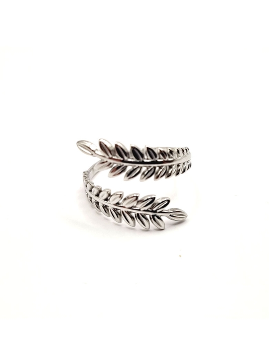 Bague en Acier Inoxydable Argenté Motif Feuilles Ajustable