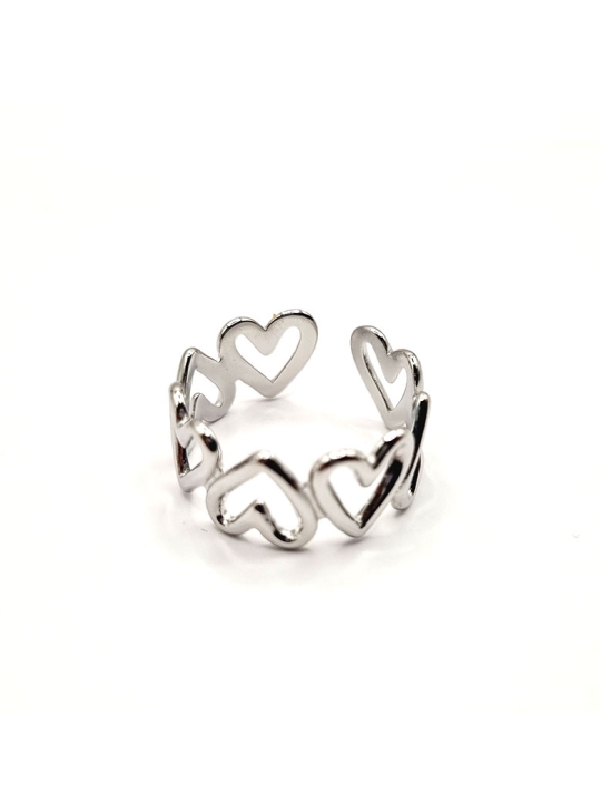 Bague en Acier Inoxydable Argenté Motif Cœurs Ouverts Ajustable