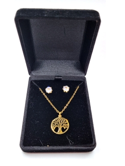 Parure Arbre de Vie en Acier Inoxydable Doré – Collier et Boucles d’Oreilles Étincelantes