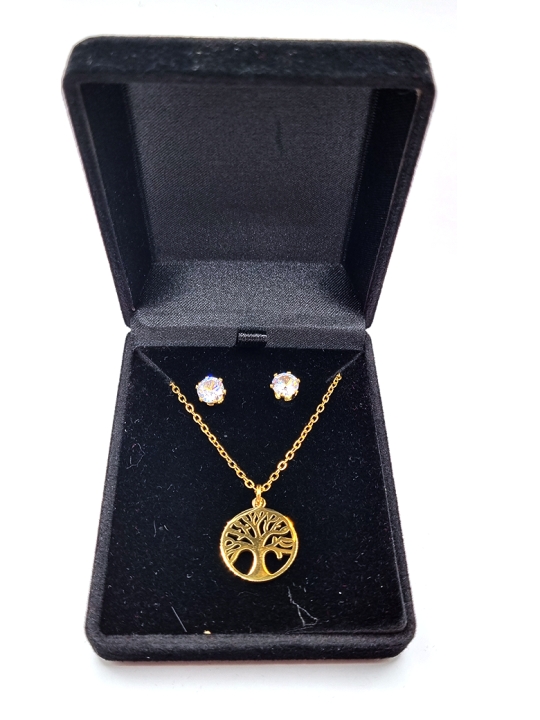 Parure Arbre de Vie en Acier Inoxydable Doré – Collier et Boucles d’Oreilles Étincelantes
