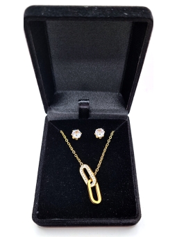 Parure Maillons Élégants en Acier Inoxydable Doré – Collier et Boucles d’Oreilles en Zircon