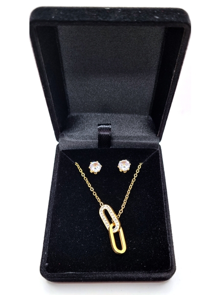 Parure Maillons Élégants en Acier Inoxydable Doré – Collier et Boucles d’Oreilles en Zircon