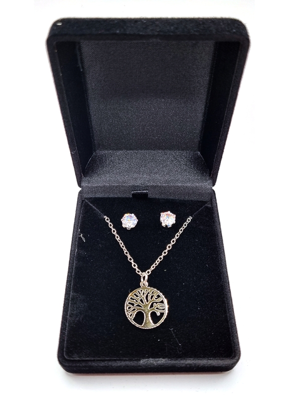 Parure Arbre de Vie en Acier Inoxydable Argenté – Collier et Boucles d’Oreilles Étincelantes