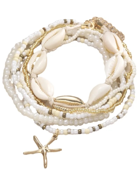 Chaîne de Cheville Multirangs Coquillages et Étoile de Mer Dorée – Style Bohème Chic