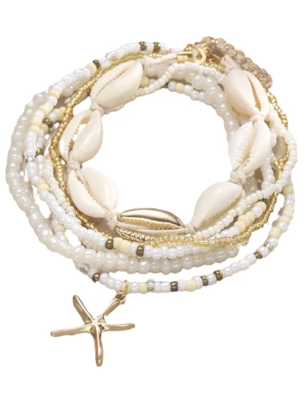 Chaîne de Cheville Multirangs Coquillages et Étoile de Mer Dorée – Style Bohème Chic