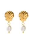 Boucles d’Oreilles Coquillage Doré et Perle Blanche – Élégance Marine