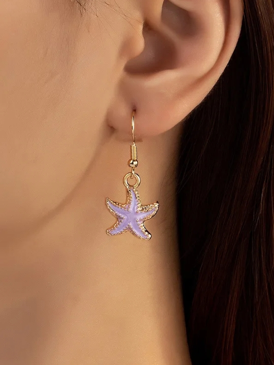 Boucles d’Oreilles Pendantes Étoile de Mer Dorée et Lavande – Esprit Plage Coloré