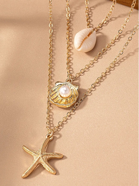 Collier Multi-Rangs Coquillage, Perle et Étoile de Mer – Élégance Bohème d’Été