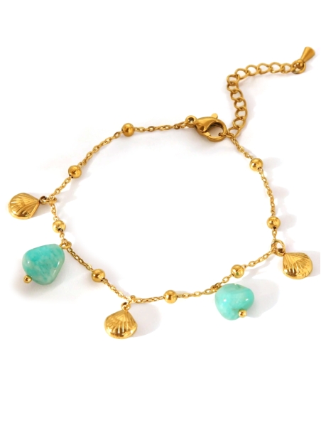 Bracelet en acier inoxydable doré – Perles turquoise et coquillages marins