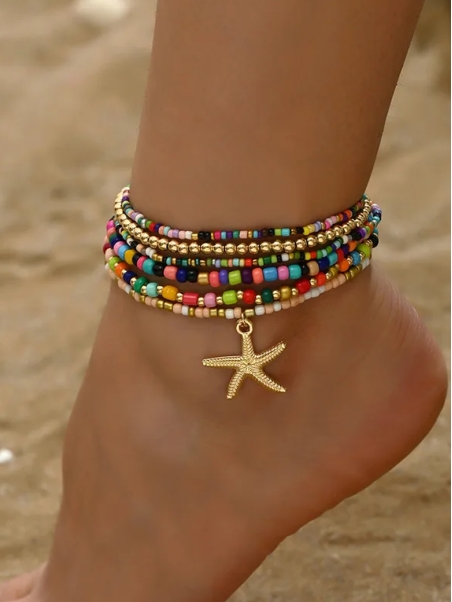 Chaîne de cheville multicolore – Étoile de mer dorée et perles