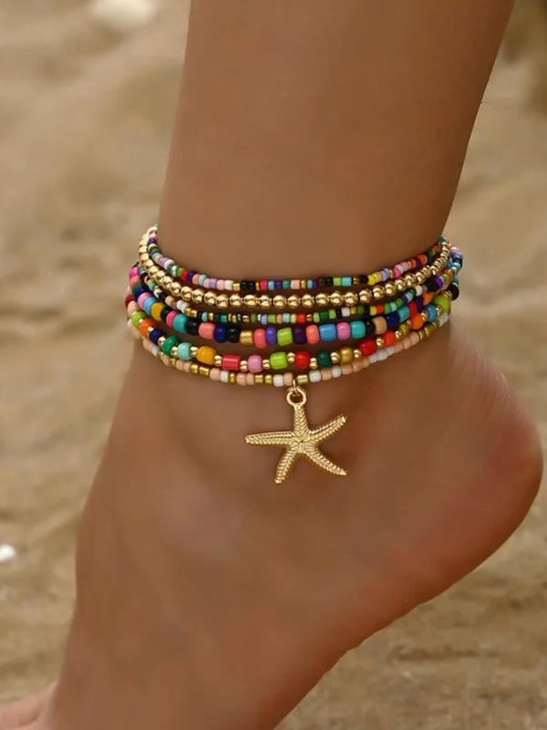 Chaîne de cheville multicolore – Étoile de mer dorée et perles