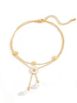 Chaîne de cheville dorée – Trèfles porte-bonheur et perles blanches