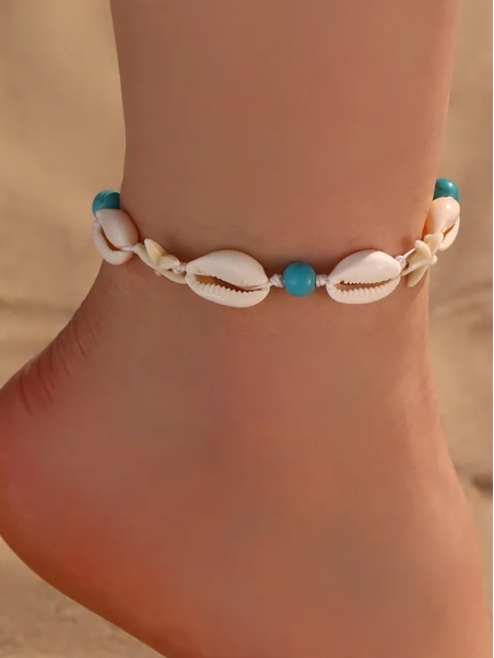 Chaîne de cheville coquillages naturels et perles turquoise – Style surf & plage